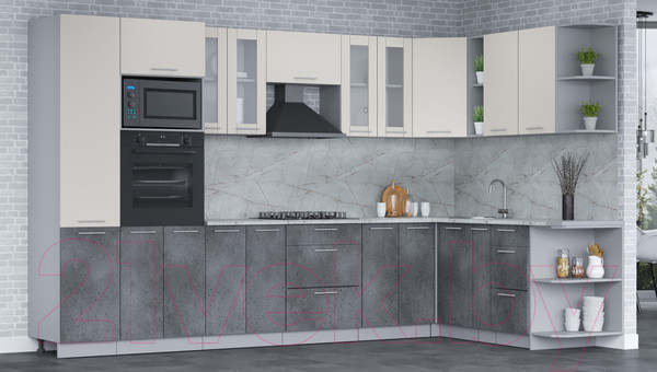 Изображение товара Кухонный гарнитур Интерлиния Мила 1.88x3.4 правая (персидский жемчуг/бетон портленд/серый каспий)