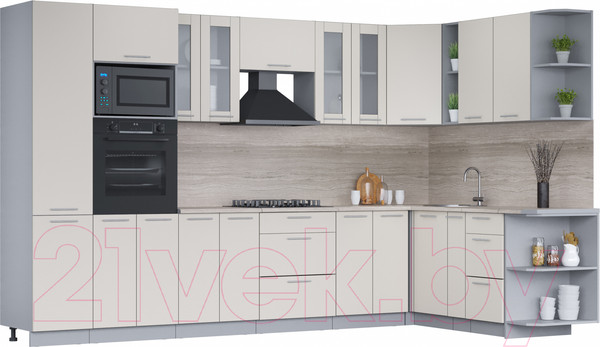 Изображение товара Кухонный гарнитур Интерлиния Мила 1.88x3.4 правая (персидский жемчуг/персидский жемчуг/травертин серый)