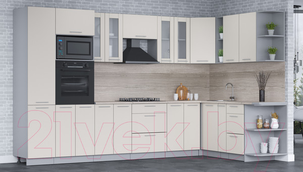 Изображение товара Кухонный гарнитур Интерлиния Мила 1.88x3.4 правая (персидский жемчуг/персидский жемчуг/травертин серый)