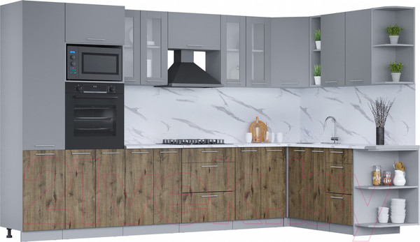 Изображение товара Кухонный гарнитур Интерлиния Мила 1.88x3.4 правая (серебро/дуб веллингтон/белый гранит)