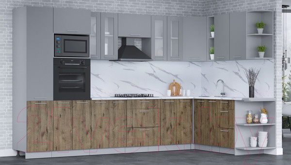 Изображение товара Кухонный гарнитур Интерлиния Мила 1.88x3.4 правая (серебро/дуб веллингтон/белый гранит)