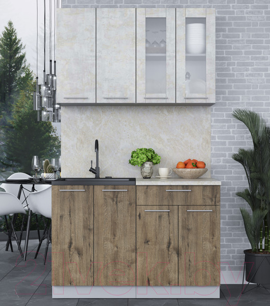 Изображение товара Кухонный гарнитур Интерлиния Мила 12 (бетон лайт/дуб веллингтон/опал светлый)