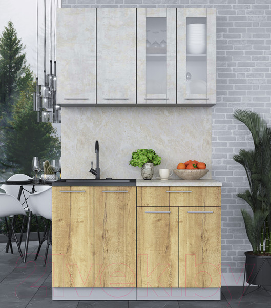 Изображение товара Кухонный гарнитур Интерлиния Мила 12 (бетон лайт/дуб золотой/опал светлый)