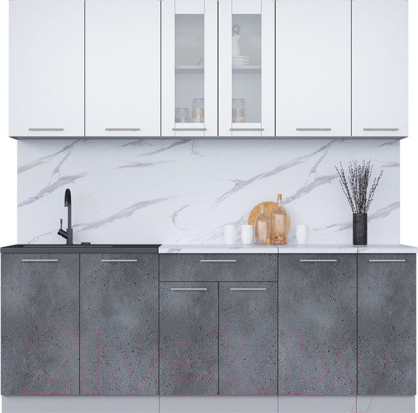Изображение товара Кухонный гарнитур Интерлиния Мила 21 (белый платинум/бетон портленд/белый гранит)