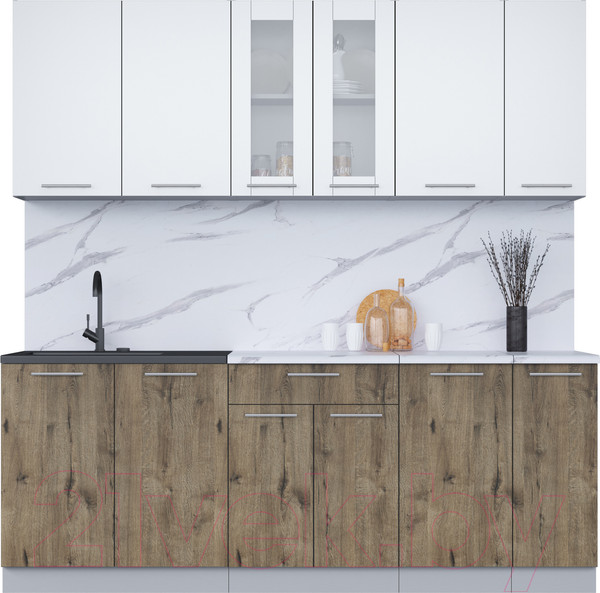 Изображение товара Кухонный гарнитур Интерлиния Мила 21 (белый платинум/дуб веллингтон/белый гранит)