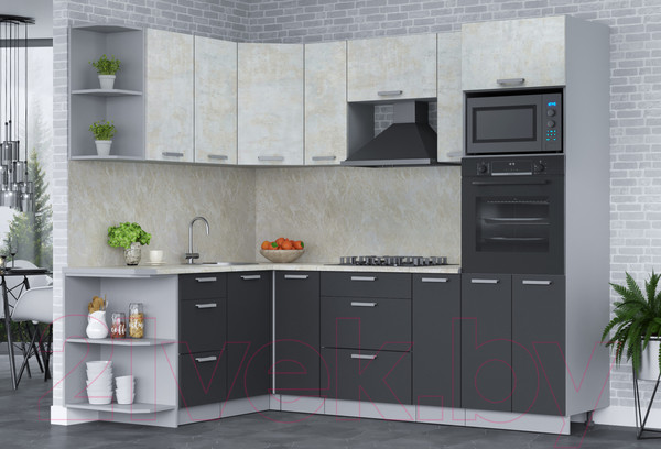 Изображение товара Кухонный гарнитур Интерлиния Мила Лайт 1.68x2.4 левая (бетон лайт/антрацит/опал светлый)