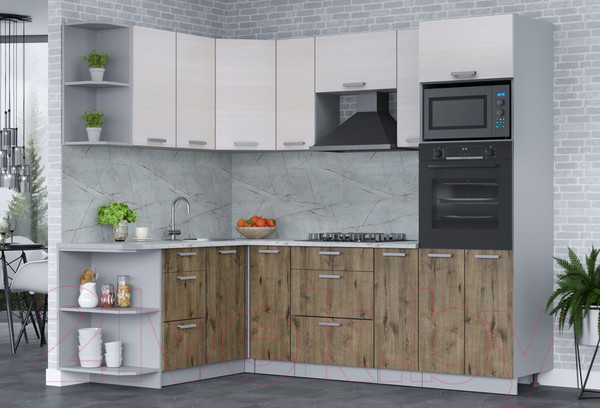 Изображение товара Кухонный гарнитур Интерлиния Мила Лайт 1.68x2.4 левая (вудлайн кремовый/дуб веллингтон/серый каспий)