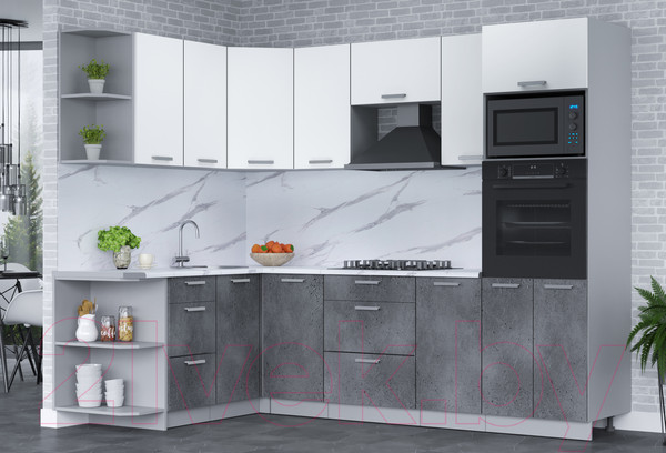 Изображение товара Кухонный гарнитур Интерлиния Мила Лайт 1.68x2.6 левая (белый платинум/бетон портленд/белый гранит)