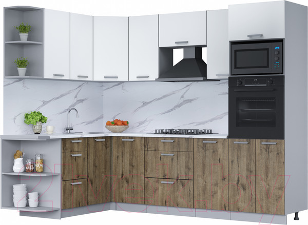 Изображение товара Кухонный гарнитур Интерлиния Мила Лайт 1.68x2.6 левая (белый платинум/дуб веллингтон/белый гранит)