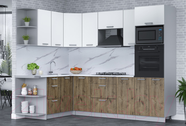 Изображение товара Кухонный гарнитур Интерлиния Мила Лайт 1.68x2.6 левая (белый платинум/дуб веллингтон/белый гранит)