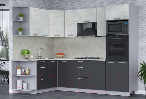 Изображение товара Кухонный гарнитур Интерлиния Мила Лайт 1.68x2.6 левая (бетон лайт/антрацит/опал светлый)