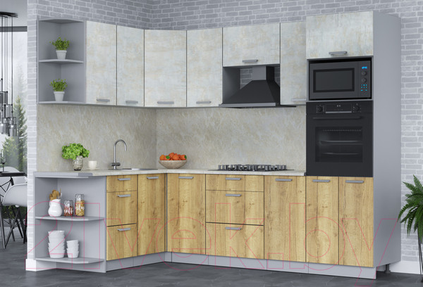 Изображение товара Кухонный гарнитур Интерлиния Мила Лайт 1.68x2.6 левая (бетон лайт/дуб золотой/опал светлый)