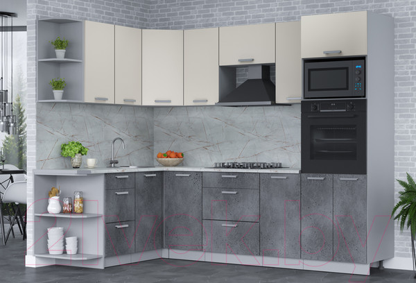 Изображение товара Кухонный гарнитур Интерлиния Мила Лайт 1.68x2.6 левая (персидский жемчуг/бетон портленд/серый каспий)