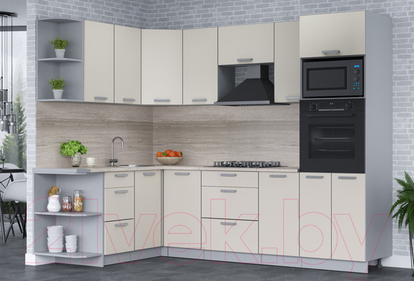 Изображение товара Кухонный гарнитур Интерлиния Мила Лайт 1.68x2.6 левая (персидский жемчуг/персид. жемчуг/травертин серый)