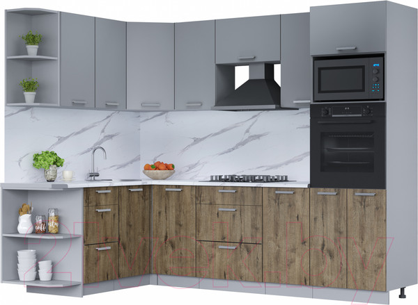 Изображение товара Кухонный гарнитур Интерлиния Мила Лайт 1.68x2.6 левая (серебро/дуб веллингтон/белый гранит)