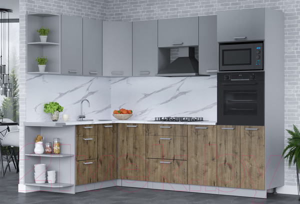 Изображение товара Кухонный гарнитур Интерлиния Мила Лайт 1.68x2.6 левая (серебро/дуб веллингтон/белый гранит)