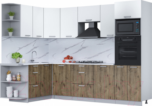 Изображение товара Кухонный гарнитур Интерлиния Мила Лайт 1.68x2.8 левая (белый платинум/дуб веллингтон/белый гранит)
