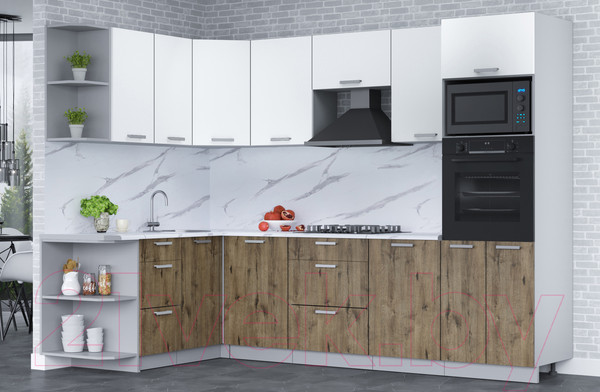 Изображение товара Кухонный гарнитур Интерлиния Мила Лайт 1.68x2.8 левая (белый платинум/дуб веллингтон/белый гранит)