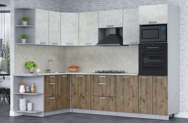 Изображение товара Кухонный гарнитур Интерлиния Мила Лайт 1.68x2.8 левая (бетон лайт/дуб веллингтон/опал светлый)