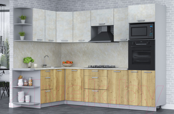 Изображение товара Кухонный гарнитур Интерлиния Мила Лайт 1.68x2.8 левая (бетон лайт/дуб золотой/опал светлый)