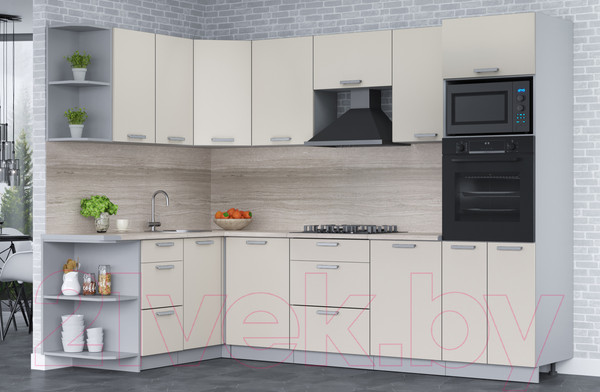 Изображение товара Кухонный гарнитур Интерлиния Мила Лайт 1.68x2.8 левая (персидский жемчуг/персид. жемчуг/травертин серый)