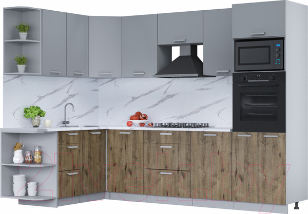 Изображение товара Кухонный гарнитур Интерлиния Мила Лайт 1.68x2.8 левая (серебро/дуб веллингтон/белый гранит)