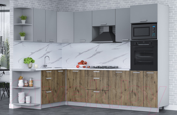 Изображение товара Кухонный гарнитур Интерлиния Мила Лайт 1.68x2.8 левая (серебро/дуб веллингтон/белый гранит)