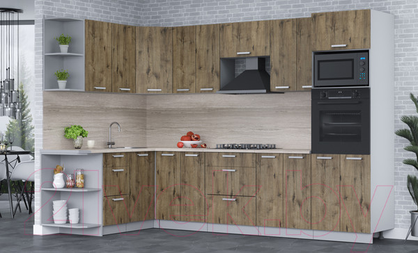 Изображение товара Кухонный гарнитур Интерлиния Мила Лайт 1.68x3.0 левая (дуб веллингтон/дуб веллингтон/травертин серый)