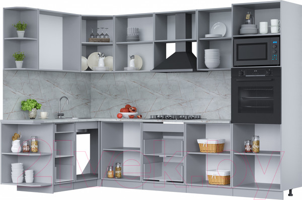 Изображение товара Кухонный гарнитур Интерлиния Мила Лайт 1.68x3.0 левая (серебро/дуб веллингтон/белый гранит)