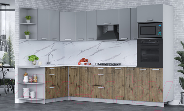 Изображение товара Кухонный гарнитур Интерлиния Мила Лайт 1.68x3.0 левая (серебро/дуб веллингтон/белый гранит)