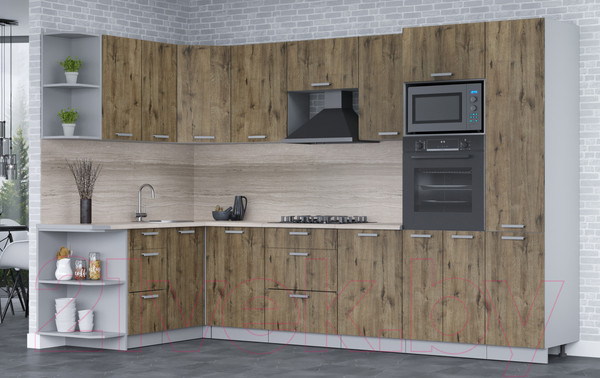 Изображение товара Кухонный гарнитур Интерлиния Мила Лайт 1.68x3.2 левая (дуб веллингтон/дуб веллингтон/травертин серый)