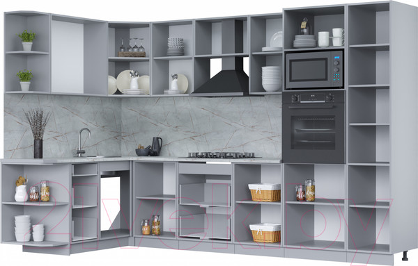 Изображение товара Кухонный гарнитур Интерлиния Мила Лайт 1.68x3.2 левая (серебро/дуб веллингтон/белый гранит)