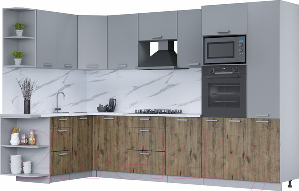 Изображение товара Кухонный гарнитур Интерлиния Мила Лайт 1.68x3.2 левая (серебро/дуб веллингтон/белый гранит)