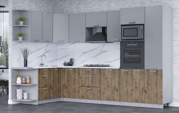 Изображение товара Кухонный гарнитур Интерлиния Мила Лайт 1.68x3.2 левая (серебро/дуб веллингтон/белый гранит)