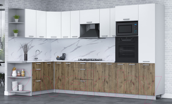 Изображение товара Кухонный гарнитур Интерлиния Мила Лайт 1.68x3.4 левая (белый платинум/дуб веллингтон/белый гранит)