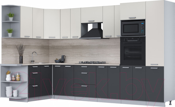 Изображение товара Кухонный гарнитур Интерлиния Мила Лайт 1.68x3.4 левая (персидский жемчуг/антрацит/травертин серый)