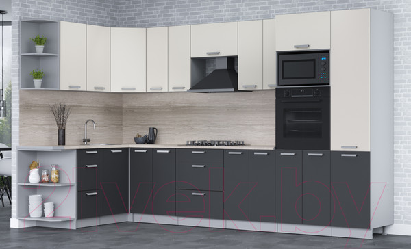 Изображение товара Кухонный гарнитур Интерлиния Мила Лайт 1.68x3.4 левая (персидский жемчуг/антрацит/травертин серый)