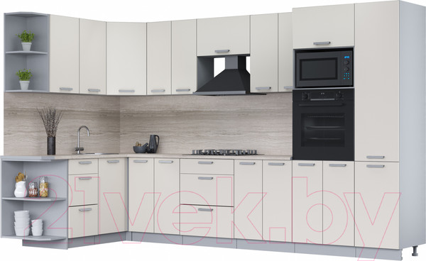 Изображение товара Кухонный гарнитур Интерлиния Мила Лайт 1.68x3.4 левая (персидский жемчуг/персид. жемчуг/травертин серый)