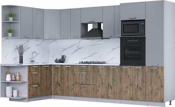 Изображение товара Кухонный гарнитур Интерлиния Мила Лайт 1.68x3.4 левая (серебро/дуб веллингтон/белый гранит)