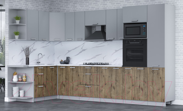 Изображение товара Кухонный гарнитур Интерлиния Мила Лайт 1.68x3.4 левая (серебро/дуб веллингтон/белый гранит)