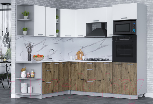 Изображение товара Кухонный гарнитур Интерлиния Мила Лайт 1.88x2.4 левая (белый платинум/дуб веллингтон/белый гранит)