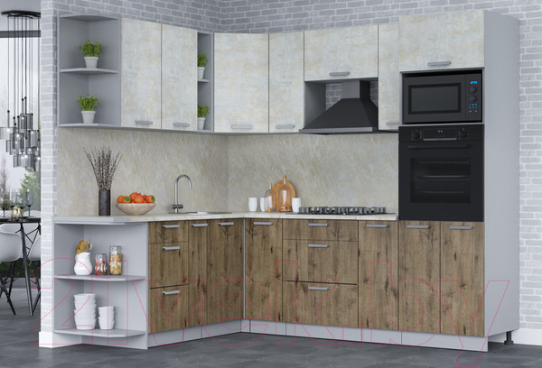 Изображение товара Кухонный гарнитур Интерлиния Мила Лайт 1.88x2.4 левая (бетон лайт/дуб веллингтон/опал светлый)