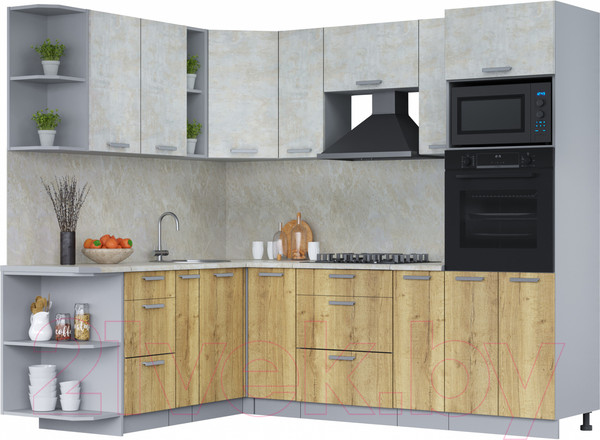 Изображение товара Кухонный гарнитур Интерлиния Мила Лайт 1.88x2.4 левая (бетон лайт/дуб золотой/опал светлый)