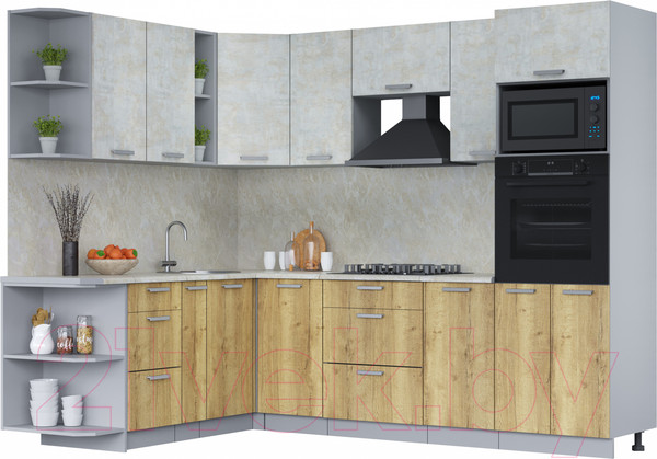 Изображение товара Кухонный гарнитур Интерлиния Мила Лайт 1.88x2.6 левая (бетон лайт/дуб золотой/опал светлый)