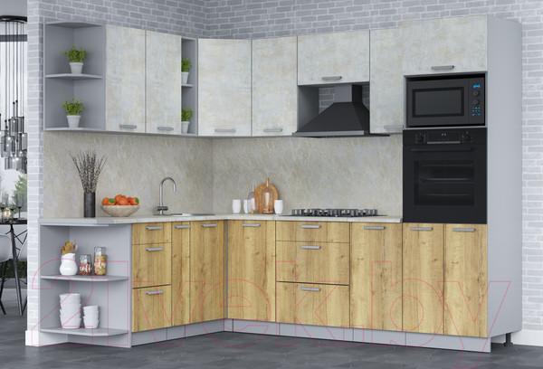 Изображение товара Кухонный гарнитур Интерлиния Мила Лайт 1.88x2.6 левая (бетон лайт/дуб золотой/опал светлый)