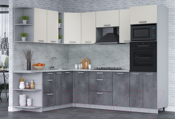 Изображение товара Кухонный гарнитур Интерлиния Мила Лайт 1.88x2.6 левая (персидский жемчуг/бетон портленд/серый каспий)