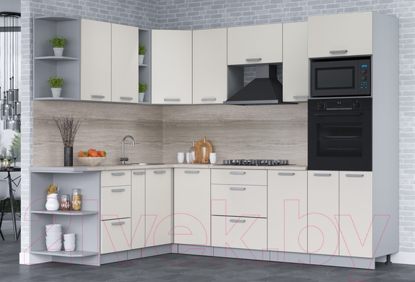 Изображение товара Кухонный гарнитур Интерлиния Мила Лайт 1.88x2.6 левая (персидский жемчуг/персид. жемчуг/травертин серый)