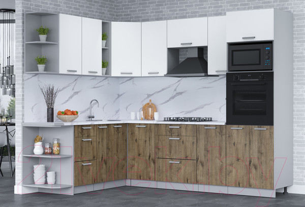 Изображение товара Кухонный гарнитур Интерлиния Мила Лайт 1.88x2.8 левая (белый платинум/дуб веллингтон/белый гранит)