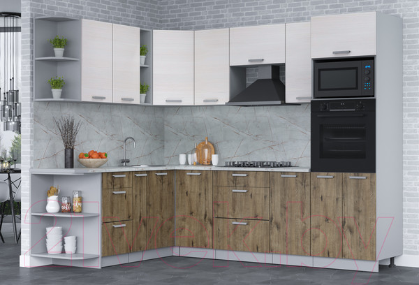 Изображение товара Кухонный гарнитур Интерлиния Мила Лайт 1.88x2.8 левая (вудлайн кремовый/дуб веллингтон/серый каспий)