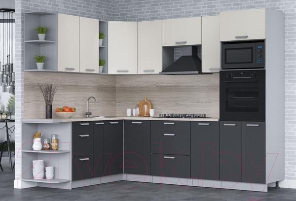 Изображение товара Кухонный гарнитур Интерлиния Мила Лайт 1.88x2.8 левая (персидский жемчуг/антрацит/травертин серый)